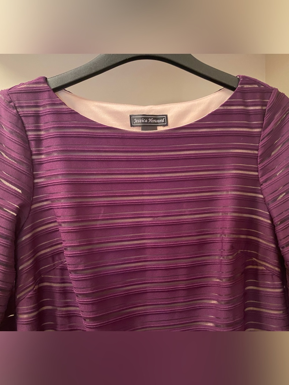 NEW Jessica Howard Purple Textured Cream Lined Dress with 3/4 Sleeves Size 14 - Picture 4 of 11